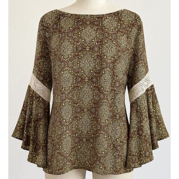 HeartSoul Plus 2X Boho Blouse Bell Sleeve Lace Trim Multicolor Tunic Top - Picture 2 of 8